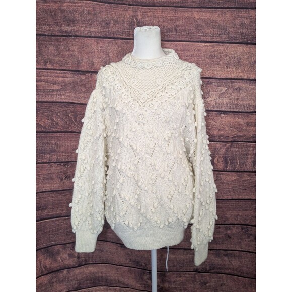 Vintage 80s S.S.G. Catharine Lover Chunky Crochet Sweater Cottage Core Ivory M - Picture 1 of 8